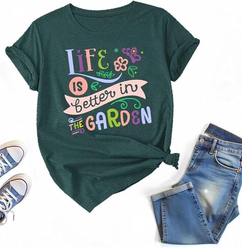 تي شيرت مطبوع عليه زهور الفراشة للنساء من Life is Better in The Garden in Kuwait