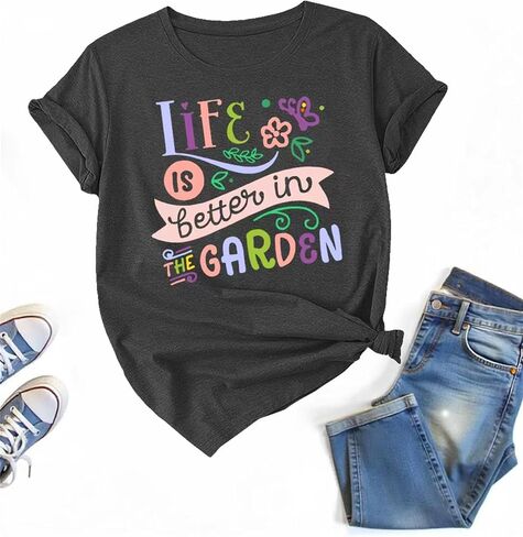 تي شيرت مطبوع عليه زهور الفراشة للنساء من Life is Better in The Garden in Kuwait