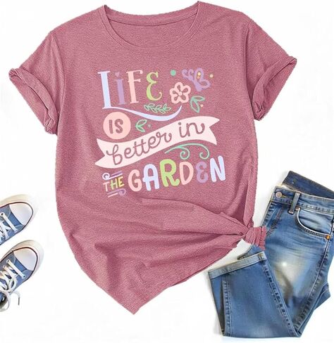 تي شيرت مطبوع عليه زهور الفراشة للنساء من Life is Better in The Garden in Kuwait