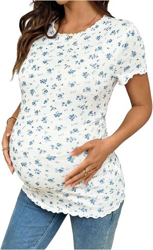 OYOANGLE Women's Maternity Floral Short Sleeve T Shirts Lettuce Trim Ribbed Tops Pregnancy Summer Clothes in Kuwait