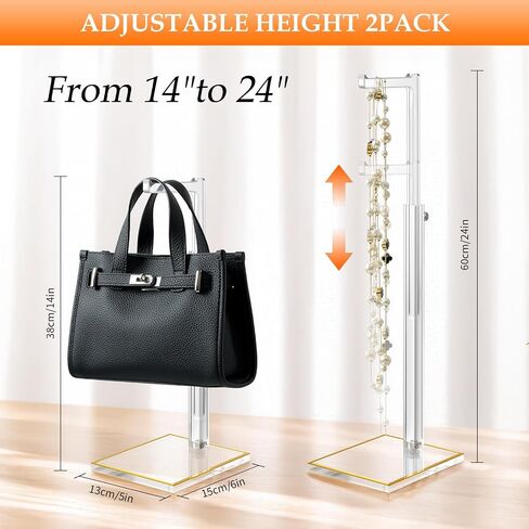Adjustable Purse Display Stands, 2Pcs 14"-24" Height Acrylic Handbag Holder, Durable Evening Bag Rack with Gold Trim Base, Clear Single Hook Purse Stand for Retail Boutique Vendor Closet in Kuwait
