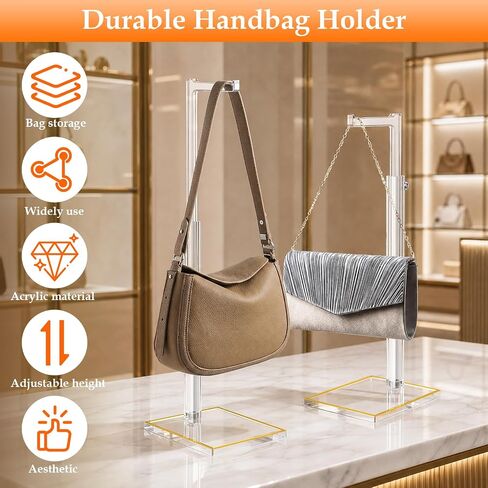 Adjustable Purse Display Stands, 2Pcs 14"-24" Height Acrylic Handbag Holder, Durable Evening Bag Rack with Gold Trim Base, Clear Single Hook Purse Stand for Retail Boutique Vendor Closet in Kuwait