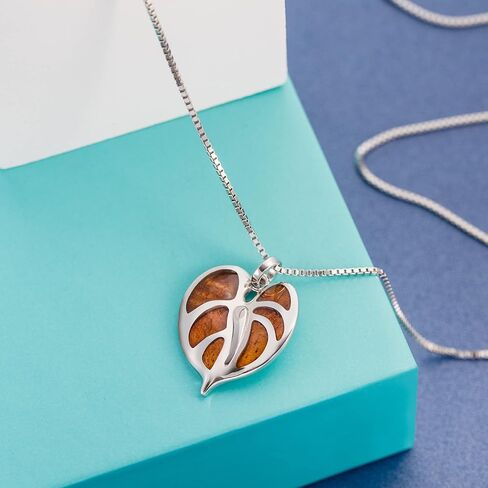 925 Sterling Silver Koa Wood Anthurium Plant Necklace Pendant with 18" Box Chain, Nickle Free Hypoallergenic for Sensitive Skin, Island Tropical Jewelry, Gift Box Included in Saudi Arabia