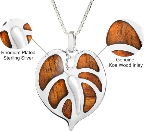 925 Sterling Silver Koa Wood Anthurium Plant Necklace Pendant with 18" Box Chain, Nickle Free Hypoallergenic for Sensitive Skin, Island Tropical Jewelry, Gift Box Included in Saudi Arabia