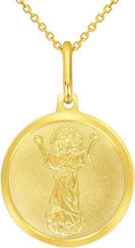Jewelry America Solid 14k Yellow Gold Divino Niño Divine Jesus Round Medal Pendant with Cable, Cuban Curb, or Figaro Chain Necklaces in Kuwait