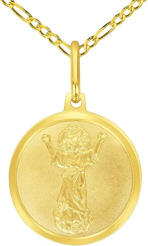 Jewelry America Solid 14k Yellow Gold Divino Niño Divine Jesus Round Medal Pendant with Cable, Cuban Curb, or Figaro Chain Necklaces in Kuwait