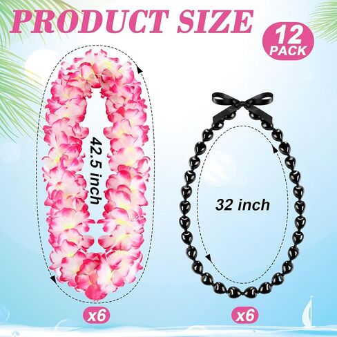 مجموعة 12 قطعة من زهور Kukui Nut Leis & Hawaiian Leis - قلادات زهور هاواي الاصطناعية مقاس 42.5 بوصة وقلادة Kukui مقاس 32 بوصة لحفلات التخرج Luau Hula in Kuwait