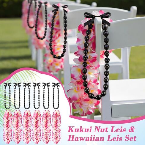 مجموعة 12 قطعة من زهور Kukui Nut Leis & Hawaiian Leis - قلادات زهور هاواي الاصطناعية مقاس 42.5 بوصة وقلادة Kukui مقاس 32 بوصة لحفلات التخرج Luau Hula in Kuwait