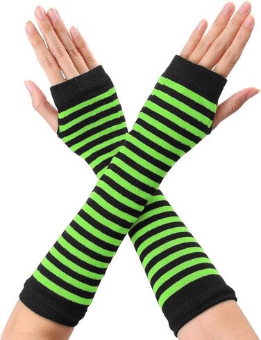 Women's Fingerless Gloves Printed Elbow Length Knitted Arm Warmers Bright Green Black One Size in Saudi Arabia