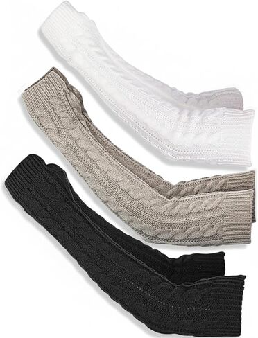 3 Pairs Arm Warmers for Women Men, Long Fingerless Gloves with Thumb Hole, Winter Cable Knit Y2K Arm Sleeves, Soft Stretchy Wrist Warmers, Thermal Arms Covers (Black, White, Grey) in Kuwait