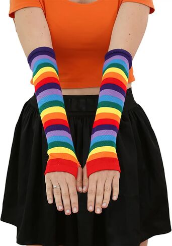 Rainbow Stripe Long Fingerless Gloves Warmer Knitted Elastic Arm Elbow Thumbhole Gloves for Women Man Rainbow Gay Pride Day Party in Saudi Arabia