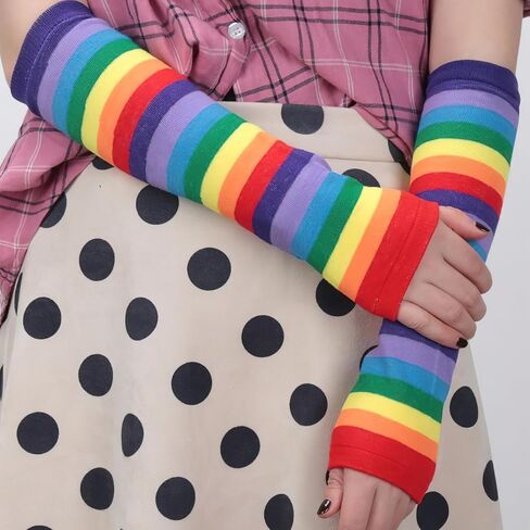 Rainbow Stripe Long Fingerless Gloves Warmer Knitted Elastic Arm Elbow Thumbhole Gloves for Women Man Rainbow Gay Pride Day Party in Saudi Arabia