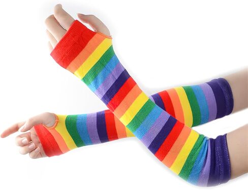Rainbow Stripe Long Fingerless Gloves Warmer Knitted Elastic Arm Elbow Thumbhole Gloves for Women Man Rainbow Gay Pride Day Party in Saudi Arabia