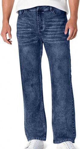 Men Jean Denim Mid Rise Stretch Straight Relaxed Fit Cross Hatch Denim Pants Classic Casual Baggy Straight Denim Pants in Kuwait