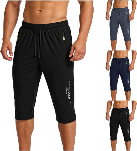 Mens Athletic Capri Pants with Zipper Pockets Elastic Waist Drawstring Below Knee Pants Gym Workout Hiking 3/4 Shorts in Saudi Arabia