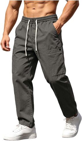Men Elastic Waist Cargo Trousers Pants with Pocket Breathable Straight Drawstring Pant Casual Fishing Clothes in Saudi Arabia