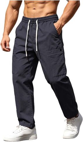Men Elastic Waist Cargo Trousers Pants with Pocket Breathable Straight Drawstring Pant Casual Fishing Clothes in Kuwait
