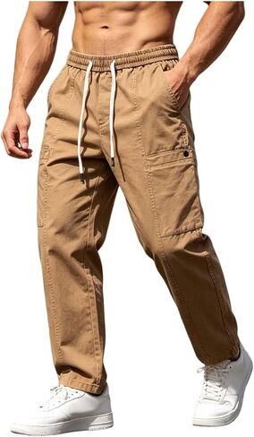 Men Elastic Waist Cargo Trousers Pants with Pocket Breathable Straight Drawstring Pant Casual Fishing Clothes in Kuwait