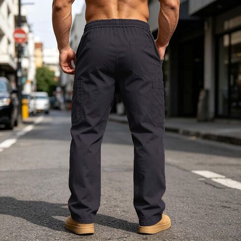 Men Elastic Waist Cargo Trousers Pants with Pocket Breathable Straight Drawstring Pant Casual Fishing Clothes in Kuwait