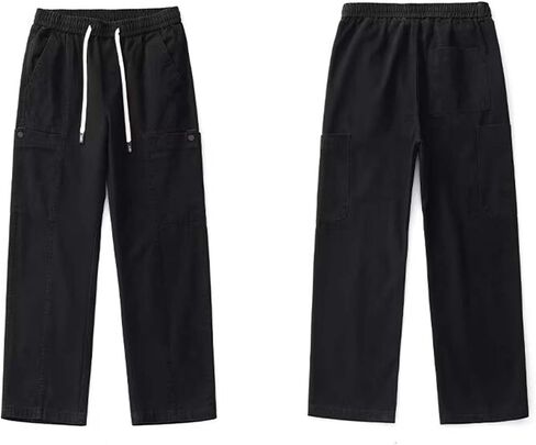 Men Elastic Waist Cargo Trousers Pants with Pocket Breathable Straight Drawstring Pant Casual Fishing Clothes in Kuwait