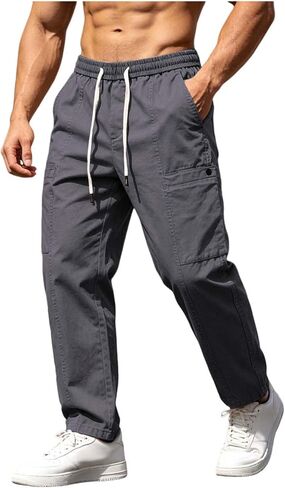 Men Elastic Waist Cargo Trousers Pants with Pocket Breathable Straight Drawstring Pant Casual Fishing Clothes in Kuwait
