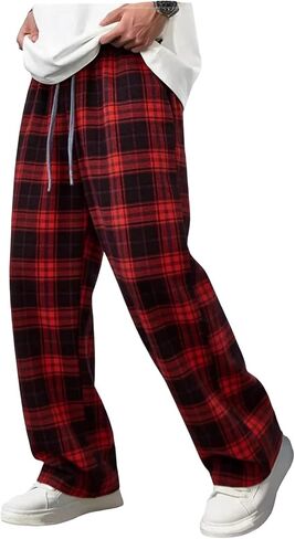 Men Pajama Pants Plaid Elastic Waist Drawstring Lounge Sports Pajamas Trousers Baggy Casual Sleep Bottoms in Saudi Arabia