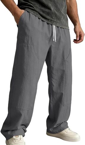 Ctreela Men's Breathable Pants Casual Lightweight Solid Slacks Elastic Drawstring Waist Trousers for Vacation Beach in Saudi Arabia