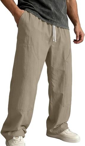 Ctreela Men's Breathable Pants Casual Lightweight Solid Slacks Elastic Drawstring Waist Trousers for Vacation Beach in Kuwait