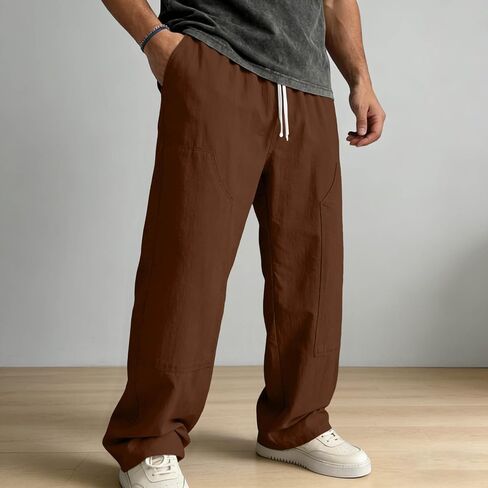 Ctreela Men's Breathable Pants Casual Lightweight Solid Slacks Elastic Drawstring Waist Trousers for Vacation Beach in Kuwait
