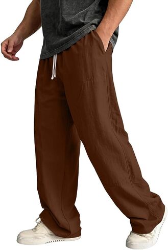 Ctreela Men's Breathable Pants Casual Lightweight Solid Slacks Elastic Drawstring Waist Trousers for Vacation Beach in Kuwait