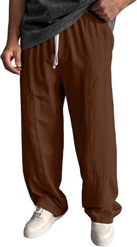 Ctreela Men's Breathable Pants Casual Lightweight Solid Slacks Elastic Drawstring Waist Trousers for Vacation Beach in Kuwait