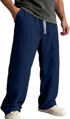Ctreela Men's Breathable Pants Casual Lightweight Solid Slacks Elastic Drawstring Waist Trousers for Vacation Beach in Kuwait