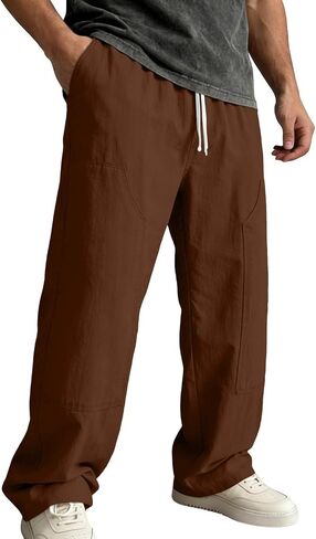 Ctreela Men's Breathable Pants Casual Lightweight Solid Slacks Elastic Drawstring Waist Trousers for Vacation Beach in Kuwait