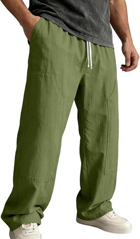 Ctreela Men's Breathable Pants Casual Lightweight Solid Slacks Elastic Drawstring Waist Trousers for Vacation Beach in Kuwait