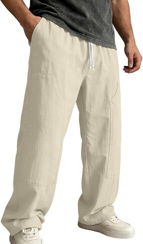 Ctreela Men's Breathable Pants Casual Lightweight Solid Slacks Elastic Drawstring Waist Trousers for Vacation Beach in Kuwait