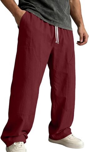 Ctreela Men's Breathable Pants Casual Lightweight Solid Slacks Elastic Drawstring Waist Trousers for Vacation Beach in Kuwait