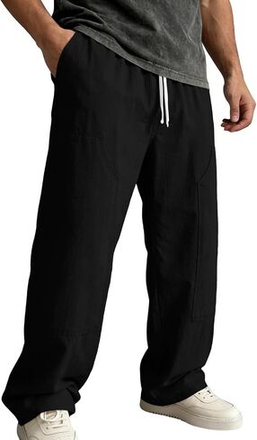 Ctreela Men's Breathable Pants Casual Lightweight Solid Slacks Elastic Drawstring Waist Trousers for Vacation Beach in Kuwait
