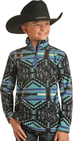 Powder River Kid's Black & Blue Aztec 1/4 Zip Pullover PRKO91RZXV-01 in Saudi Arabia