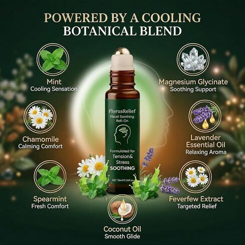 Florus Relief Roll on, Migraine Roll on with Magnesium Glycinate, Lavender, Peppermint, Chamomile for Headache Support (1) in Saudi Arabia