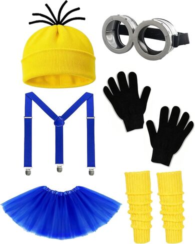 Women Halloween Costume Yellow Adult Accessories Full Set Goggles Yellow Beanie Suspenders Gloves in Saudi Arabia