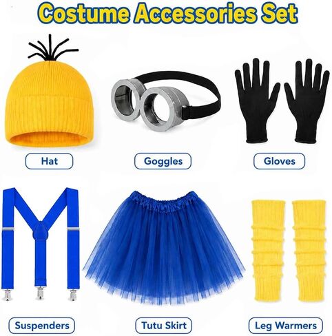 Women Halloween Costume Yellow Adult Accessories Full Set Goggles Yellow Beanie Suspenders Gloves in Saudi Arabia