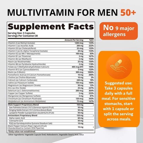 Multivitamin for Men Over 50 with CoQ10, Methylfolate, Saw Palmetto, Minerals, K2 MK-7 - Energy, Prostate Health & Immune Support* - Third-Party Tested, Vegan Capsules, 90 Count in Saudi Arabia