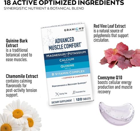 Granions Advanced Natural Muscle Relaxer Pills - 1,346mg Quinine, Magnesium, Potassium, B Vitamins, Chamomile, CoQ10 - Muscle Comfort Support, Immediate Relaxation and Comfort - 120 Tablet, 30 Serving in Saudi Arabia
