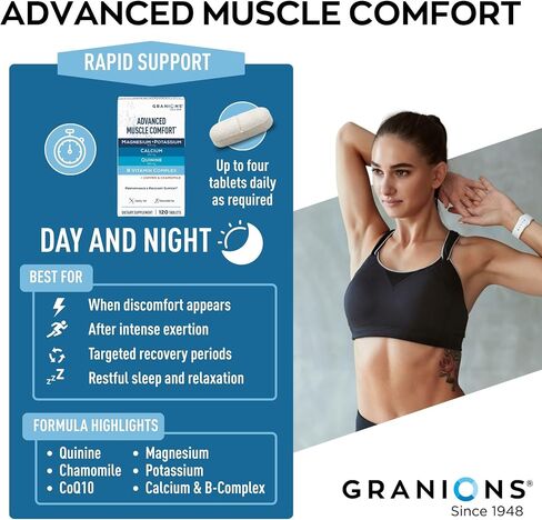 Granions Advanced Natural Muscle Relaxer Pills - 1,346mg Quinine, Magnesium, Potassium, B Vitamins, Chamomile, CoQ10 - Muscle Comfort Support, Immediate Relaxation and Comfort - 120 Tablet, 30 Serving in Saudi Arabia