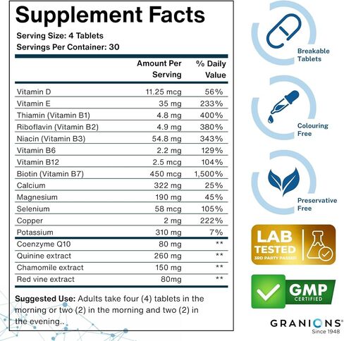 Granions Advanced Natural Muscle Relaxer Pills - 1,346mg Quinine, Magnesium, Potassium, B Vitamins, Chamomile, CoQ10 - Muscle Comfort Support, Immediate Relaxation and Comfort - 120 Tablet, 30 Serving in Saudi Arabia