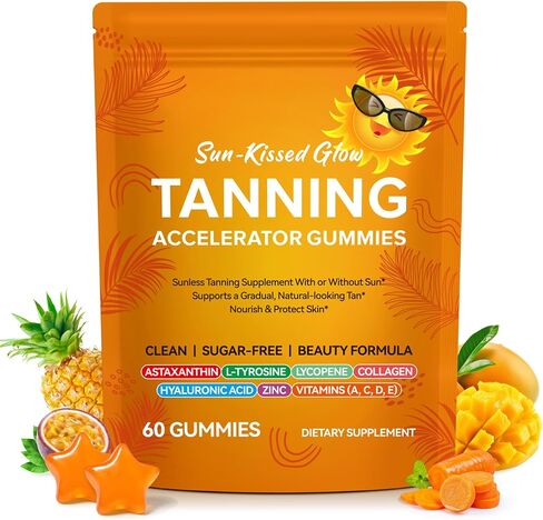 Astaxanthin Tanning Gummies – Sugar-Free Sunless Tan Supplement with L-Tyrosine, Lycopene, Vegan Collagen, Hyaluronic Acid, Zinc, Vitamins A, C, D, E – For a Natural, Glowing-Looking Skin – 60 Count in Saudi Arabia