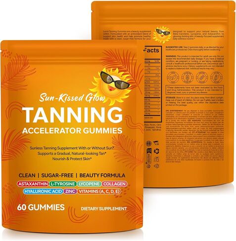 Astaxanthin Tanning Gummies – Sugar-Free Sunless Tan Supplement with L-Tyrosine, Lycopene, Vegan Collagen, Hyaluronic Acid, Zinc, Vitamins A, C, D, E – For a Natural, Glowing-Looking Skin – 60 Count in Saudi Arabia
