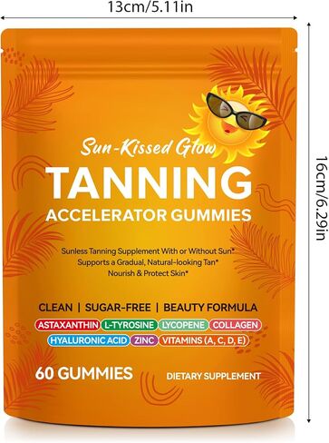 Astaxanthin Tanning Gummies – Sugar-Free Sunless Tan Supplement with L-Tyrosine, Lycopene, Vegan Collagen, Hyaluronic Acid, Zinc, Vitamins A, C, D, E – For a Natural, Glowing-Looking Skin – 60 Count in Saudi Arabia