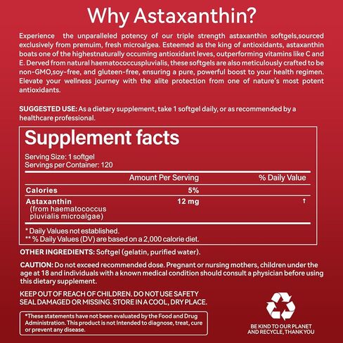 Astaxanthin 12mg, 120 Softgels, Premium Astaxanthin Antioxidant Supplement Supports Eye, Skin Health, Immune, Internal Circulation in Saudi Arabia