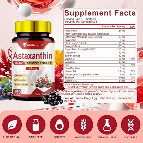 Astaxanthin Supplements 24mg 150 Softgels | 16 in 1 Formula Premium Astaxanthin Antioxidant Supplement Supports Eye Skin Joint Brain Heart Immune System Health, Fresh Microalgae Source 75 Days Supply in Saudi Arabia